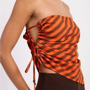 Ramona Orange Brown Striped Strapless Ruched Side Tie Top Size S Trendy Y2K 💙